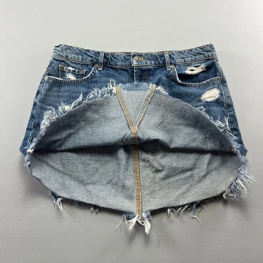 7 For All Mankind Mini Skirt Womens Blue Denim Cotton Distressed Frayed Hem